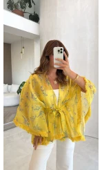 Desenli Kuşaklı Püskül Detay Kimono - Sarı - Kod: 5129