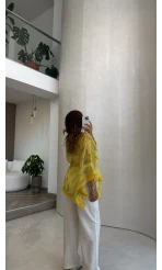 Desenli Kuşaklı Püskül Detay Kimono - Sarı - Kod: 5129