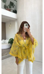 Desenli Kuşaklı Püskül Detay Kimono - Sarı - Kod: 5129