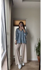 Desenli Tensel Oversize Gömlek - Mavi - 4960