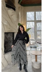 Diana Çizgili Asimetrik Kesim Şifon Etek - Siyah - Kod: 3373