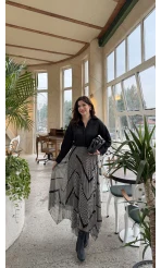 Diana Çizgili Asimetrik Kesim Şifon Etek - Siyah - Kod: 3373