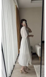 Diana V Yaka Kemerli Beyaz Elbise