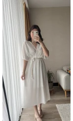 Diana V Yaka Kemerli Beyaz Elbise