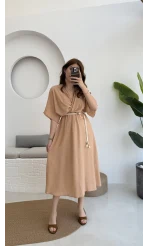 Diana V Yaka Kemerli Camel Elbise