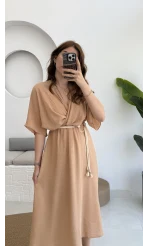 Diana V Yaka Kemerli Camel Elbise