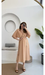 Diana V Yaka Kemerli Camel Elbise