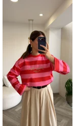Dijital Baskılı Çizgili Modal Sweatshirt - Pembe - Kod: 1664