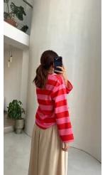 Dijital Baskılı Çizgili Modal Sweatshirt - Pembe - Kod: 1664