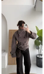 Dik Yaka Kuşaklı Kısa Kaşe Kaban - Kahverengi - Kod: 10301