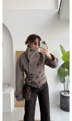 Dik Yaka Kuşaklı Kısa Kaşe Kaban - Kahverengi - Kod: 10301