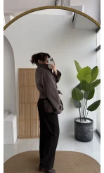 Dik Yaka Kuşaklı Kısa Kaşe Kaban - Kahverengi - Kod: 10301