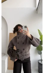 Dik Yaka Kuşaklı Kısa Kaşe Kaban - Kahverengi - Kod: 10301