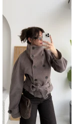 Dik Yaka Kuşaklı Kısa Kaşe Kaban - Kahverengi - Kod: 10301