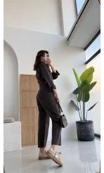 Dikiş Detaylı Denim Tulum - Acı Kahve