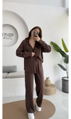 Diva Modal Gömlek Pantolon Takım Kahve