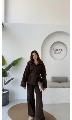 Dixie Premium Kuşaklı Gabardin Takım - Kahverengi