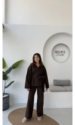 Dixie Premium Kuşaklı Gabardin Takım - Kahverengi