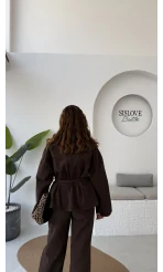 Dixie Premium Kuşaklı Gabardin Takım - Kahverengi