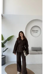 Dixie Premium Kuşaklı Gabardin Takım - Kahverengi