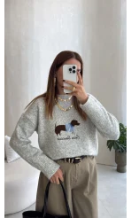 Dogs Baskılı Triko Kazak - Gri - Kod: 9114