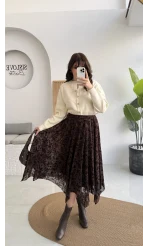 Dokulu Asimetrik Kesim Tül Etek - Kahverengi