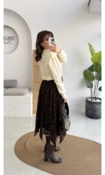 Dokulu Asimetrik Kesim Tül Etek - Kahverengi