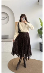 Dokulu Asimetrik Kesim Tül Etek - Kahverengi