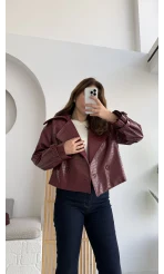 Dokulu Kemerli Deri Ceket Bordo Kod:9632