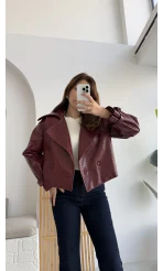 Dokulu Kemerli Deri Ceket Bordo Kod:9632