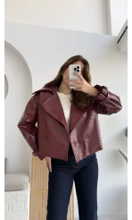 Dokulu Kemerli Deri Ceket Bordo Kod:9632