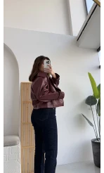 Dokulu Kemerli Deri Ceket Bordo Kod:9632