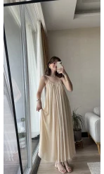 Dökümlü Krem Uzun Elbise