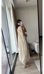 Dökümlü Krem Uzun Elbise