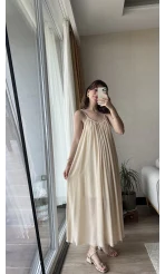 Dökümlü Krem Uzun Elbise