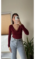 Dökümlü Yaka Bordo Bluz