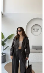 Dolly Beli Lastikli Kısa Deri Ceket - Kahve