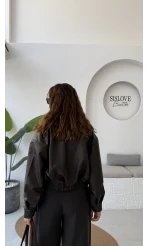 Dolly Beli Lastikli Kısa Deri Ceket - Kahve