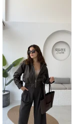 Dolly Beli Lastikli Kısa Deri Ceket - Kahve