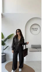 Dolly Beli Lastikli Kısa Deri Ceket - Kahve