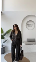 Dolly Beli Lastikli Kısa Deri Ceket - Kahve