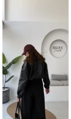 Dolly Beli Lastikli Kısa Deri Ceket - Siyah