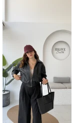 Dolly Beli Lastikli Kısa Deri Ceket - Siyah