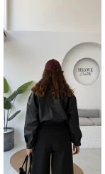 Dolly Beli Lastikli Kısa Deri Ceket - Siyah