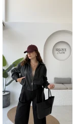 Dolly Beli Lastikli Kısa Deri Ceket - Siyah