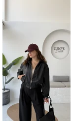 Dolly Beli Lastikli Kısa Deri Ceket - Siyah