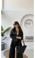 Dolly Beli Lastikli Kısa Deri Ceket - Siyah