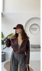 Dolly Bomber Beli Lastikli Kısa Deri Ceket - Bordo