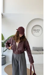 Dolly Bomber Beli Lastikli Kısa Deri Ceket - Bordo