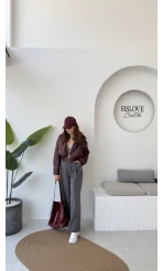 Dolly Bomber Beli Lastikli Kısa Deri Ceket - Bordo